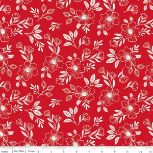 May include: Red fabric with a repeating pattern of white floral and leaf outlines. The design features detailed flowers, buds, and foliage, creating a delicate and intricate pattern. The fabric is suitable for various crafting and sewing projects.