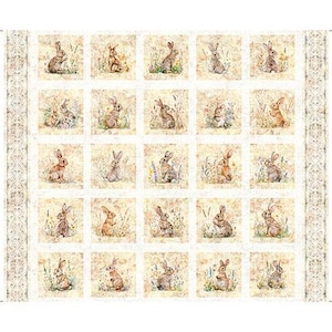 May include: A white fabric with a repeating pattern of brown rabbits in a field of flowers. The rabbits are in various poses, some sitting, some standing, and some hopping. The fabric has a distressed, vintage look.