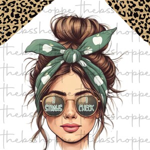 May include: A digital illustration of a woman with brown hair tied up in a bun, wearing a green bandana with white apple designs and sunglasses that say "2 Straws 1 Check".