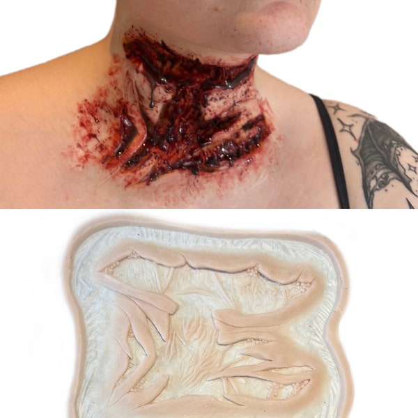 Slit throat, Neck Wound, Gash, encapsulated silicone prosthetic, Halloween, SFX, Makeup, Gore, Horror, Cosplay