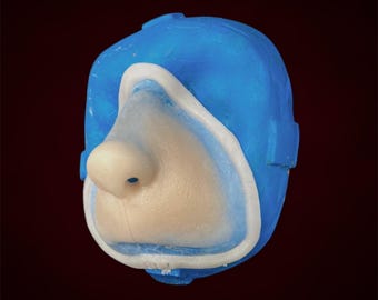 May include: A blue and white silicone nose mask for medical use. The mask is designed to cover the nose and mouth, and has a clear plastic window for visibility.
