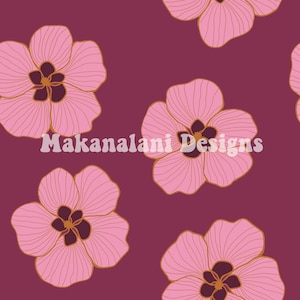 May include: A seamless pattern featuring pink flowers with gold outlines on a burgundy background. The text "Makanalani Designs" is centred on the pattern.