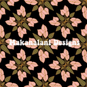 Puede incluir: Patrón repetitivo de flores de anturio rosas y hojas verdes sobre fondo negro. Las flores están dispuestas en un diseño radial con tallos dorados. El texto "Makanalani Designs" está superpuesto en blanco.