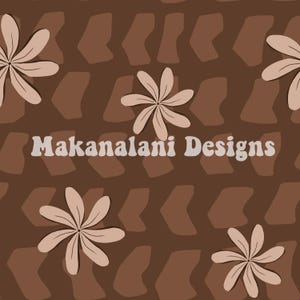 May include: A brown and beige seamless pattern with a repeating design of stylised flowers and arrow shapes. The text "Makanalani Designs" is centred in the middle of the pattern.