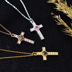 Religious Cross Birthstone Jewelry, Birthstone Cross Necklace, Faith Unique Cross Birthstone Pendant, Birthstone Birthday Necklace