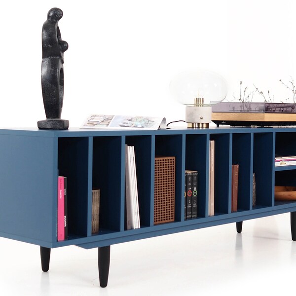 Buffet bleu élégant rangement pour disques vinyles design moderne du milieu du siècle centre de divertissement pour la maison N-S09