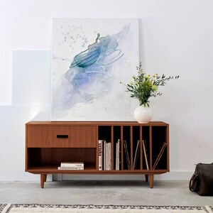 Record Player Stand With Vinyl Record Storage made of solid oak wood vaneer | Wooden Tv Cabinet in teak  - LivloEU T-S12