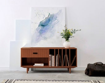 Record Player Stand With Vinyl Record Storage made of solid oak wood vaneer | Wooden Tv Cabinet in teak  - LivloEU T-S12
