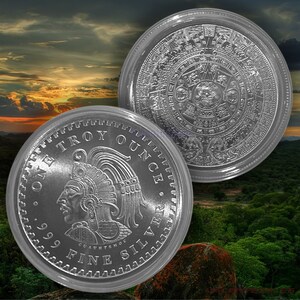 1 oz .999 Aztec Calendar Authentic Silver Round + Free capsule & gift pouch