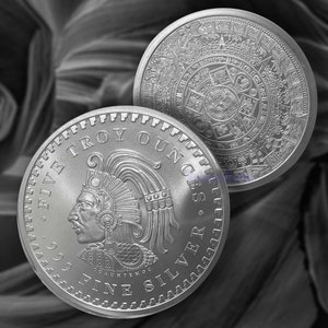 Scarce 5 Oz .999 Silver Aztec Mayan Calendar Cuauhtemoc Bullion Round in Bag