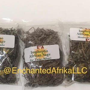 May include: Three small bags of dried herbs labeled "Imphepho African Sage" with different variations: "Water Imphepho", "For Twins (Silver)", and "Mountain Flower".