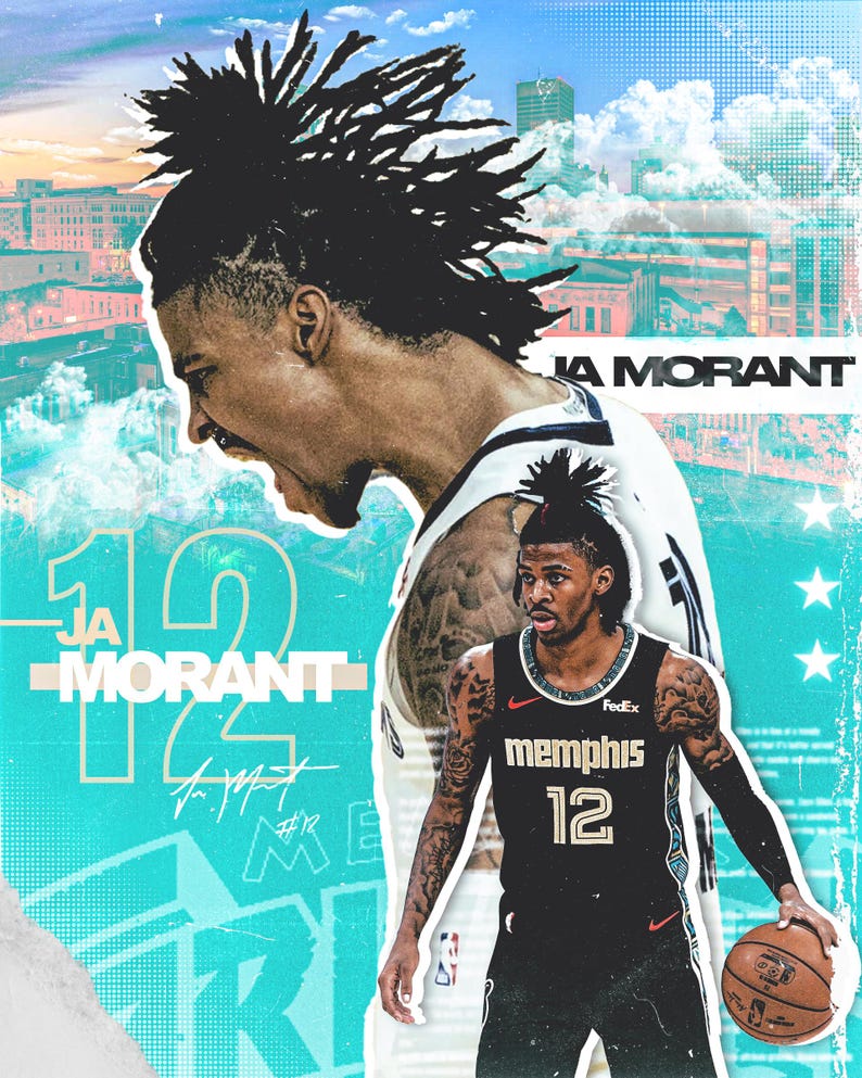 May include: A digital art poster featuring Ja Morant in a Memphis Grizzlies jersey. The poster has a blue and white color scheme with the words "Ja Morant" and the number "12" prominently displayed. A basketball is in the player's hand.