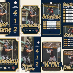 May include: A collection of baseball-themed digital graphic templates featuring a player in a black uniform and helmet swinging a bat. The designs include text such as Player of the Game, Gameday, Schedule, Starting Lineup, Win, and Final Score.