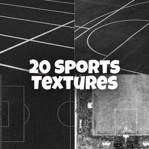 Puede incluir: Imagen en escala de grises que presenta cuatro secciones de texturas de campos deportivos. La imagen incluye una pista de atletismo, una cancha de baloncesto, un campo de fútbol y una sección con líneas curvas. El texto "20 SPORTS TEXTURES" se muestra en negrita, en blanco.
