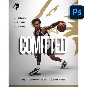 May include: A digital graphic featuring a basketball player in a black and white jersey dribbling a basketball. The text reads COMITTED, 22.5 PPG, 5.2 APG, 3.8 GPA, PG, ANTHONY TIMONS, and WAKE FOREST. A lion logo and a Photoshop icon are visible.