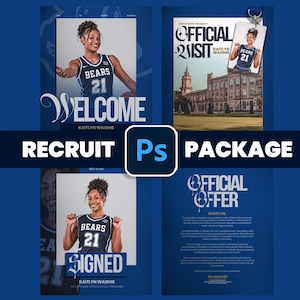 May include: A digital recruitment package template for Photoshop featuring basketball player Kaitlyn Waishie in a blue Bears jersey with number 21. The graphics include text overlays like Welcome, Official Visit, Signed, and Official Offer.