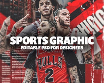 May include: Sports graphic design template featuring three basketball players wearing red and black jerseys with the word "BULLS" and the number "2" on the front. The text "SPORTS GRAPHIC" and "EDITABLE PSD FOR DESIGNERS" is displayed in white on a red background.