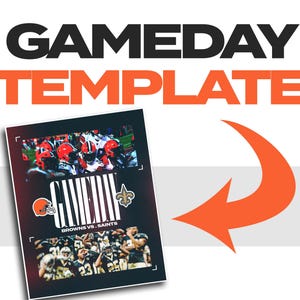 Puede incluir: Una plantilla de diseño gráfico en blanco y negro para un evento de día de juego. La plantilla presenta el texto "Game Day" en letras grandes y en negrita y el texto "Template" en letras más pequeñas. La plantilla también presenta una foto de jugadores de fútbol en acción. El texto "Browns vs. Saints" también está incluido en la plantilla.