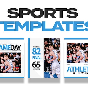 May include: Three sports-themed social media templates featuring a basketball player in a blue and white uniform. The first template is a game day announcement with the text "Game Day" in a blue and white box. The second template shows the final score of a basketball game with the text "Bulldogs 82 Final 65 Anteaters". The third template features a basketball player with the text "Athlete of the Week" in a blue and white box.