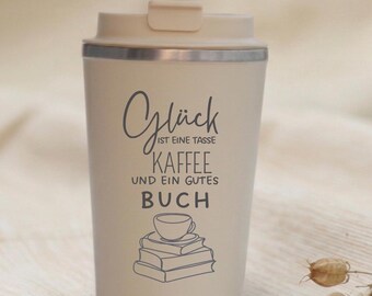 Un termo: la felicidad es una taza de café y un buen libro; leer como pasatiempo; café y libros; ratón de biblioteca; taza de viaje; amante del café