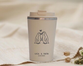 Tazas térmicas grabadas para parejas con fecha, diseño de pingüino, regalos para parejas, aniversario, aniversario de bodas, jubileo, personalizadas con nombres, regalo de boda