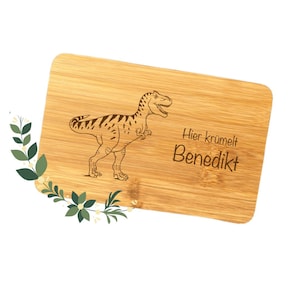 Dino breakfast board personalized with name engraving, dinosaur motif, birthday gift for children and babies, baptism gift, bamboo