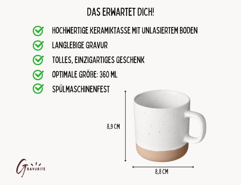 May include: A white ceramic mug with a speckled design and a tan base. The mug is 8.8 cm wide and 8.9 cm tall, with a capacity of 360 ml. Text in German indicates it is dishwasher safe.