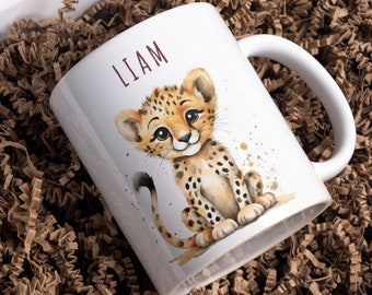 Kindertasse personalisiert, Becher mit Leopard, Geschenk Geburtstag Baby, Tasse Porzellan, Keramik Tasse mit Name, Tasse Kind Leopard, Tier