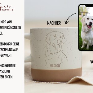 May include: A cream-colored ceramic mug with a brown base, featuring a line art drawing of a dog and the name "Marlow." The mug has two handles and is shown next to a smartphone displaying a photo of a golden retriever. The mug's text says "Your photo will be drawn by trained artists."