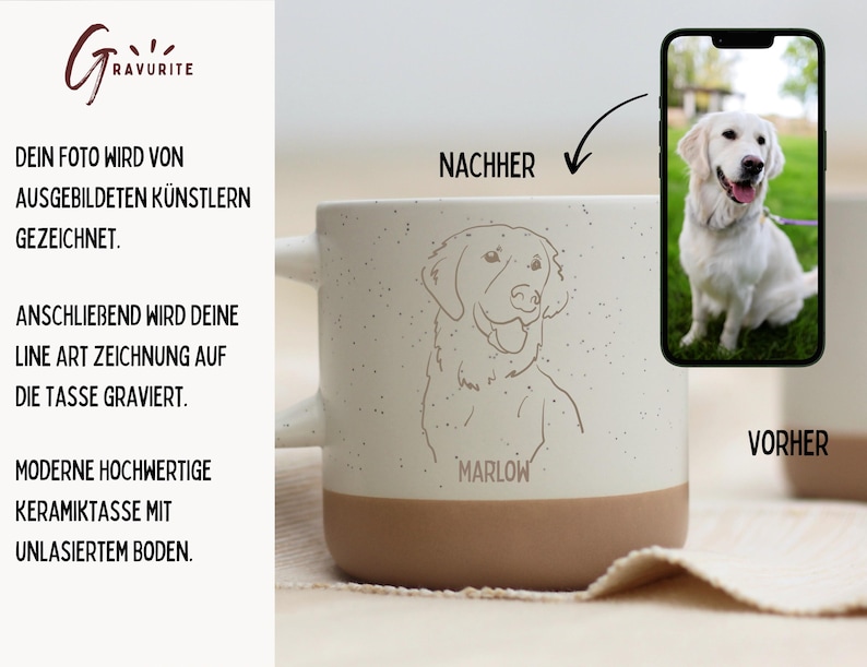 May include: A cream-colored ceramic mug with a brown base, featuring a line art drawing of a dog and the name "Marlow." The mug has two handles and is shown next to a smartphone displaying a photo of a golden retriever. The mug's text says "Your photo will be drawn by trained artists."