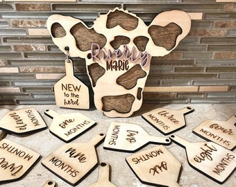 Cow Tag Baby Milestones, Baby Shower Gift, Baby Boy, Birth Announcement Sign, Engraved Wood Monthly Milestone Photo Prop, Cow Baby Name Sign