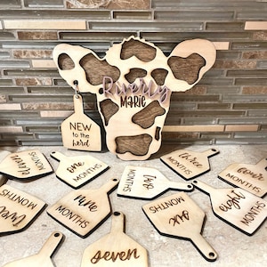 Cow Tag Baby Milestones, Baby Shower Gift, Baby Boy, Birth Announcement Sign, Engraved Wood Monthly Milestone Photo Prop, Cow Baby Name Sign