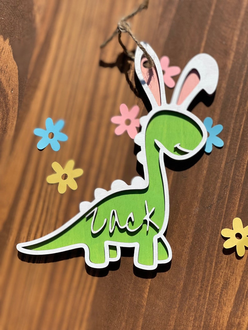 Personalized Easter Dino bunny basket tag Easter Basket Tag Dinosaur bunny Tag image 5