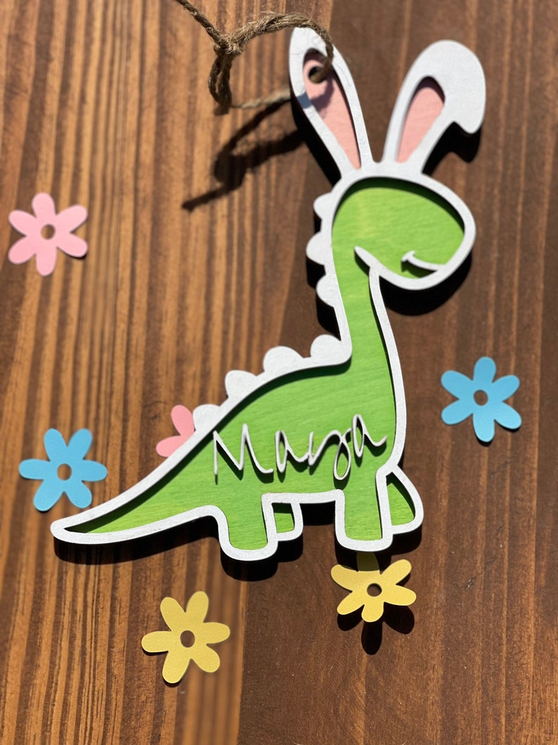 Personalized Easter Dino bunny basket tag Easter Basket Tag Dinosaur bunny Tag image 4