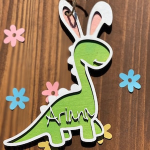Personalized Easter Dino bunny basket tag Easter Basket Tag Dinosaur bunny Tag image 3