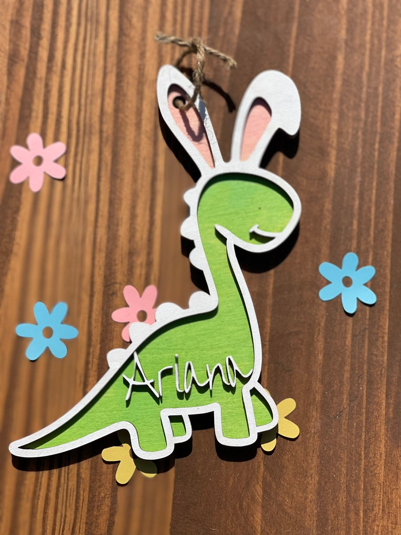 Personalized Easter Dino bunny basket tag Easter Basket Tag Dinosaur bunny Tag image 3