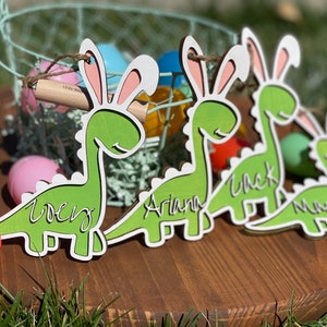 Personalized Easter Dino bunny basket tag Easter Basket Tag Dinosaur bunny Tag image 2