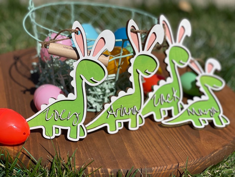 Personalized Easter Dino bunny basket tag Easter Basket Tag Dinosaur bunny Tag image 2