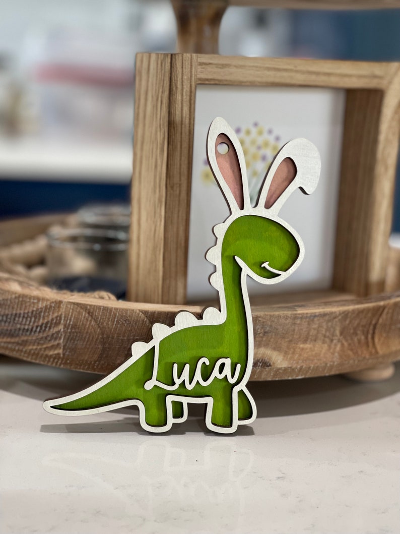 Personalized Easter Dino bunny basket tag Easter Basket Tag Dinosaur bunny Tag image 1
