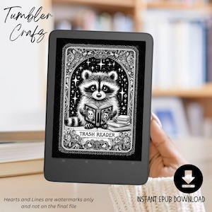 May include: A black and white illustration of a raccoon reading a book. The raccoon is wearing a shirt that says "Trash Reader".