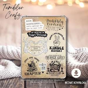 May include: A digital planner cover with a variety of book-themed stickers. The stickers feature phrases like "Probably Reading Smut", "My TBR is Full of Trigger Warnings", "Just One More Chapter", and "Kindle History".