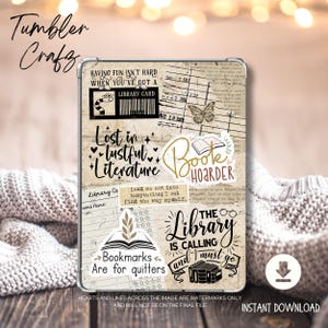 May include: A digital download for a tumbler design featuring a vintage library card, book-themed stickers, and text that says "Lost in lustful literature", "Book Hoarder", "The Library is Calling and I must go", and "Bookmarks are for quitters".