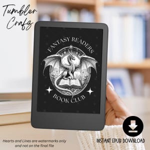 May include: A black and white illustration of a dragon with wings spread wide, inside a circle with the text "Fantasy Readers Book Club". The image is displayed on a black and white e-reader.