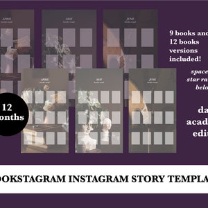 May include: Twelve monthly book tracker templates in a dark academia aesthetic. Each template has space for nine books and includes star ratings. The templates feature a vintage, antique aesthetic with a dark background and a variety of images.