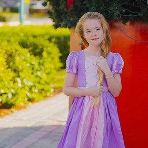 Rapunzel girls dress, fairytale princess Halloween costume, junior purple gown cotton dress