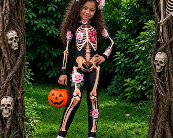 Girls Floral Skeleton Jumpsuit, Halloween Costume, Sugar Skull Outfit, Day of the Dead 2-10Y