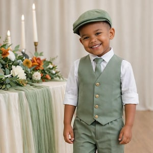May include: A sage green vest and matching trousers set paired with a crisp white long-sleeved button-down shirt, a matching sage green necktie, and a coordinating flat cap. The vest features four gold-toned buttons down the front center.