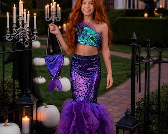 Green Sequin Mermaid Costume for Girls, Purple Mermaid Skirt Set, Halloween Ocean Princess Outfit, Two Piece Mermaid Dress 3-10Y