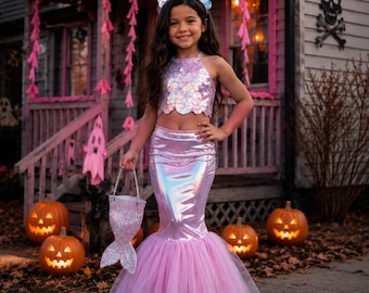Purple Mermaid Costume for Girls, Sequin Top and Sparkle Mermaid Skirt, Halloween Outfit, Birthday Mermaid Set, Photoshoot Costume, Age 3-8