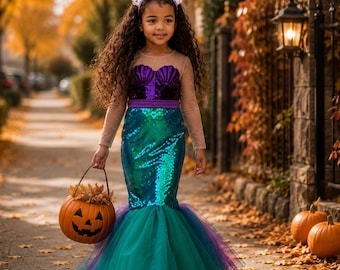 Girls Sea Witch Costume, Purple Green Mermaid Dress with Tulle Tail, Halloween Ocean Princess Outfit,  Dress for Toddler 1-10 Years